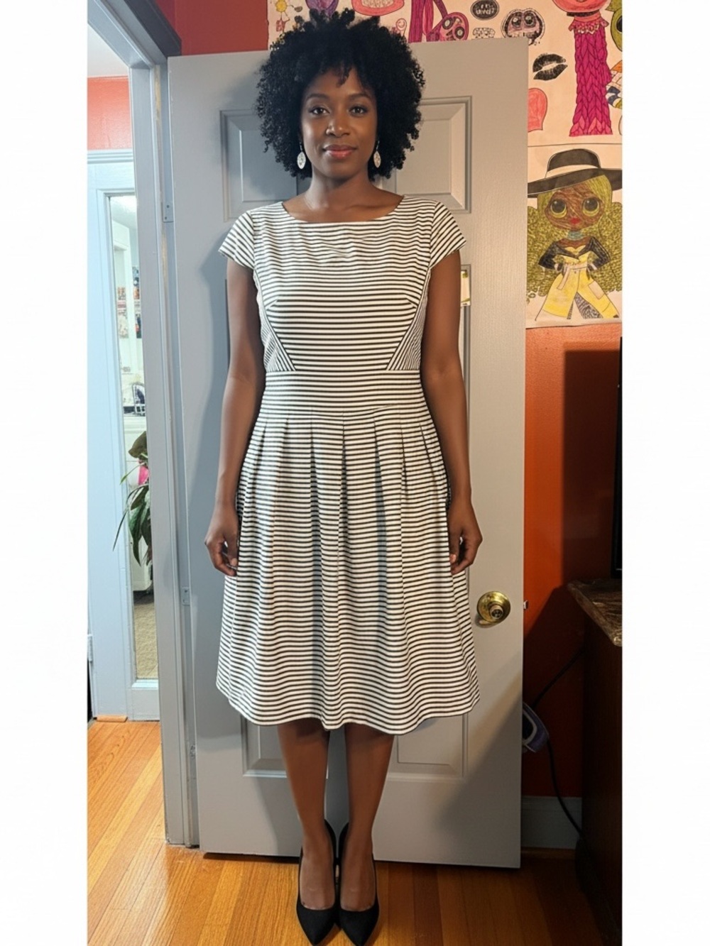 Anne Klein Black and White Striped Fit-and-Flare Dress